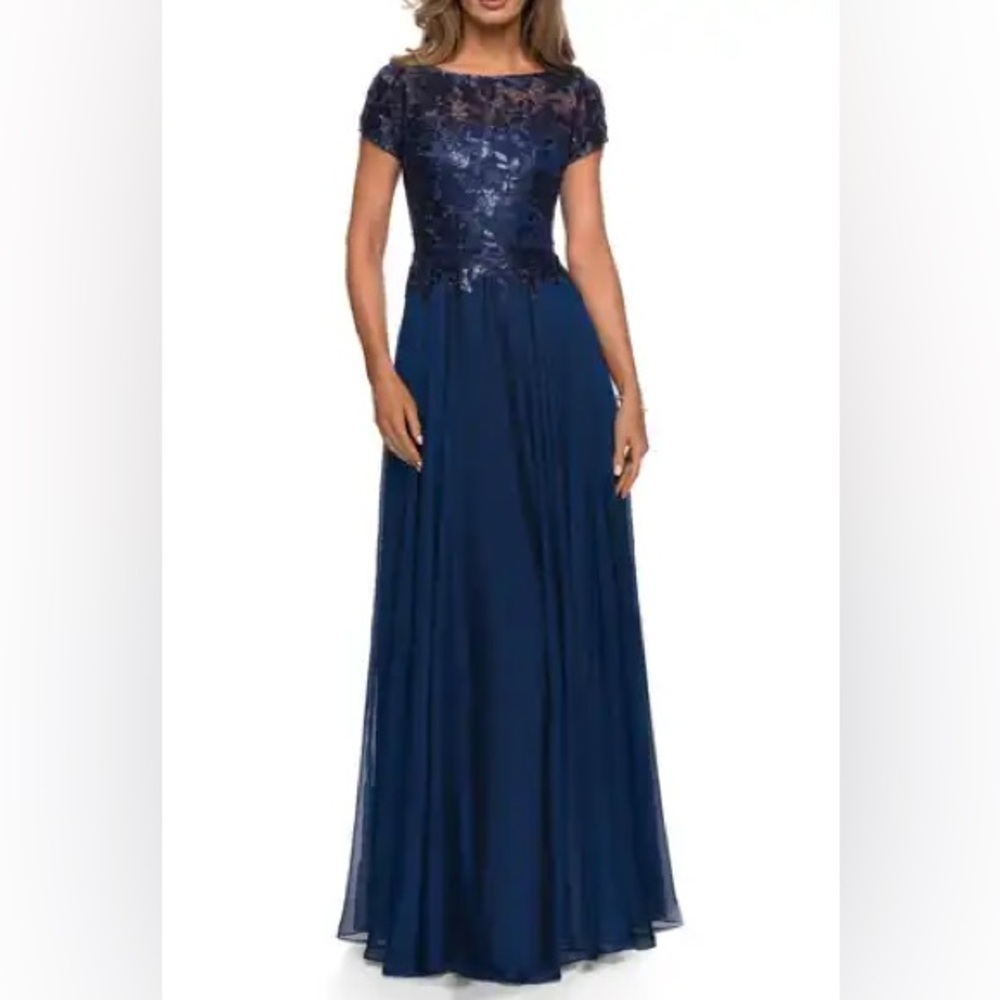 LA FEMME Floral Lace & Satin Sequin Sparkle Gown NEW Size 10 Navy Dress